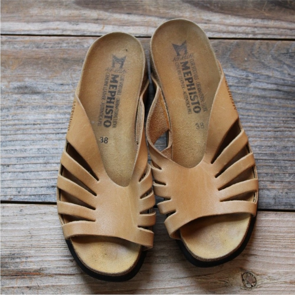 Mephisto Camel Leather Slides Womens 38/7.5 Shoes Sandals Cork Heel Comfort